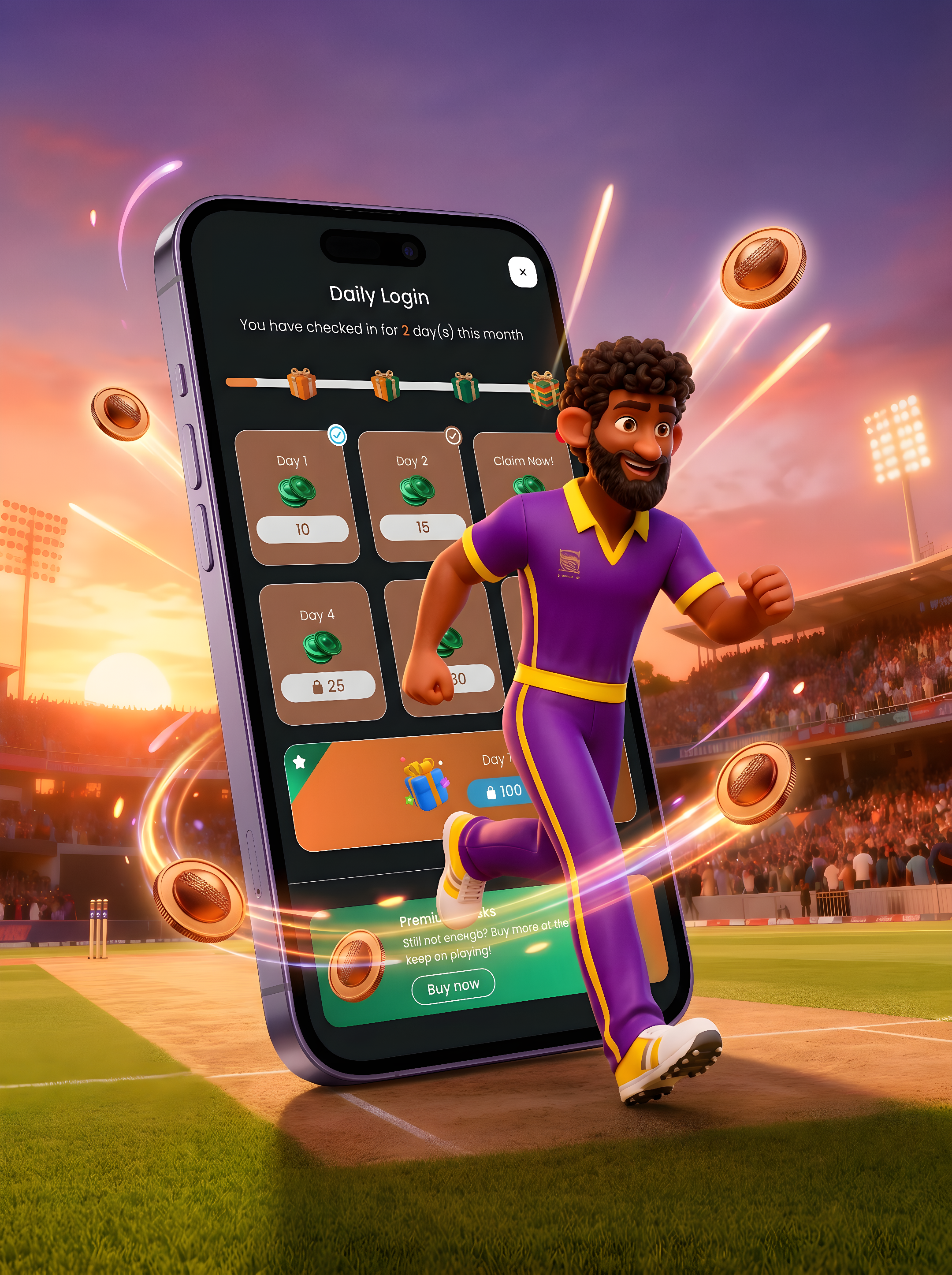 InPlayCricket app — daily login rewards screen